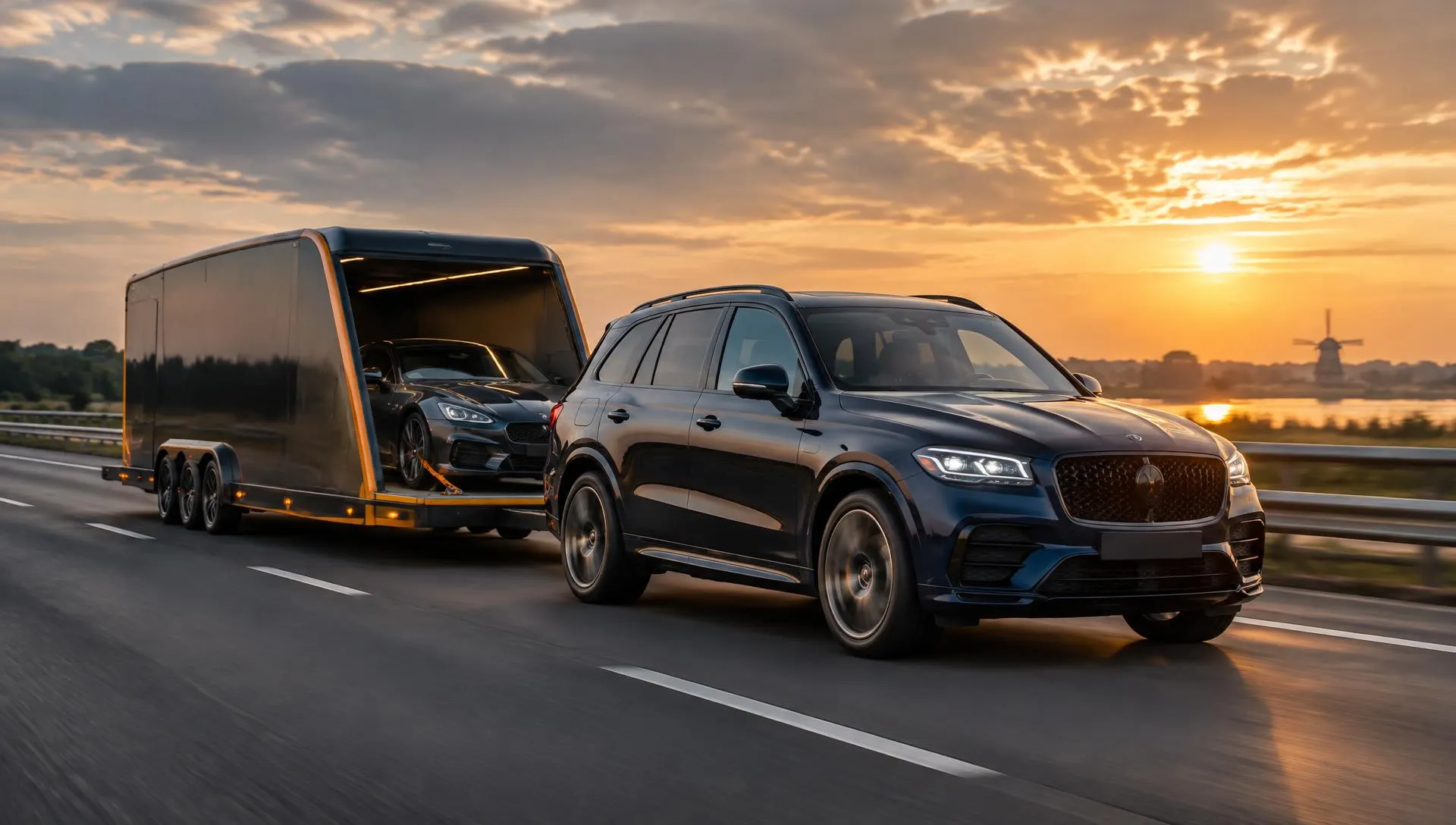Auto met gesloten autotransporter op een Europese snelweg